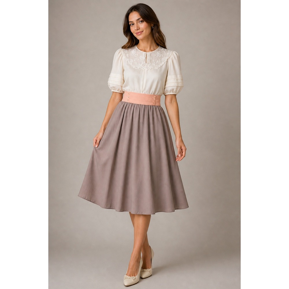 Liz Roberts Vintage Secretary Dress 70s Cottagecore Coquette Brown Cream Size 12